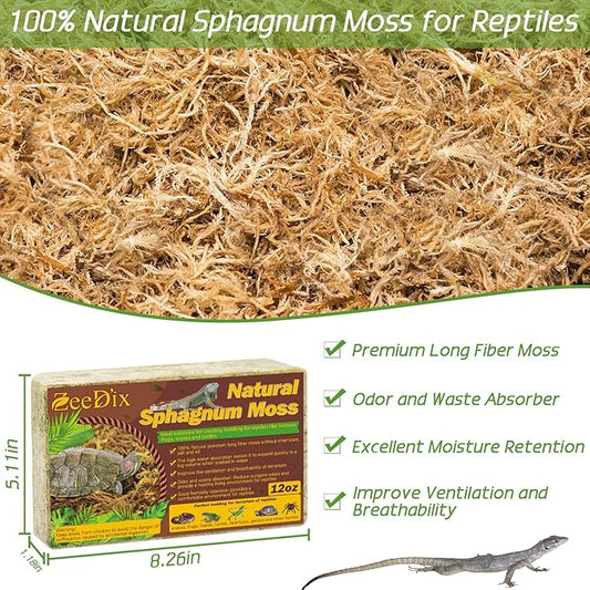 ZeeDix 12OZ Sphagnum Moss for Reptiles, 20QT Premium Dried Moss for Terrarium Long Fibered Leopard Gecko Moss Natural Sphagnum Peat Moss Bedding for Frogs Anoles Snake Turtle Plants ZeeDix