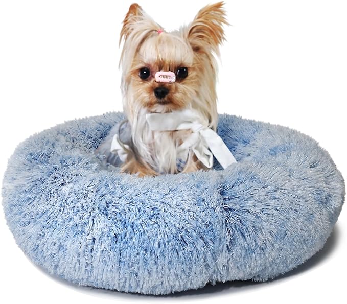 Blue and White Dog Bed Small Washable,Calming Dog Bed for Small Dogs,15 inches Donut Fluffy Pet Beds,Anti Anxiety Round Fits up to 5 lbs Soft Warm Pets Beds for Puppy Dogs Indoor - PAWPICO