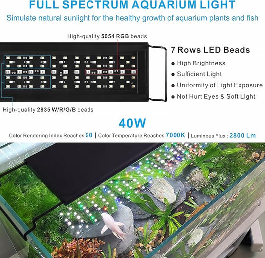Advanced 7-Row LED Aquarium Light, Easy Setup Controller, Auto On Off Full Spectrum Fish Tank Light, 24/7 Lighting Cycle, 8 Colors, 10 Level Dimming, 40W for 30"-36" Freshwater Planted Tank Alidou