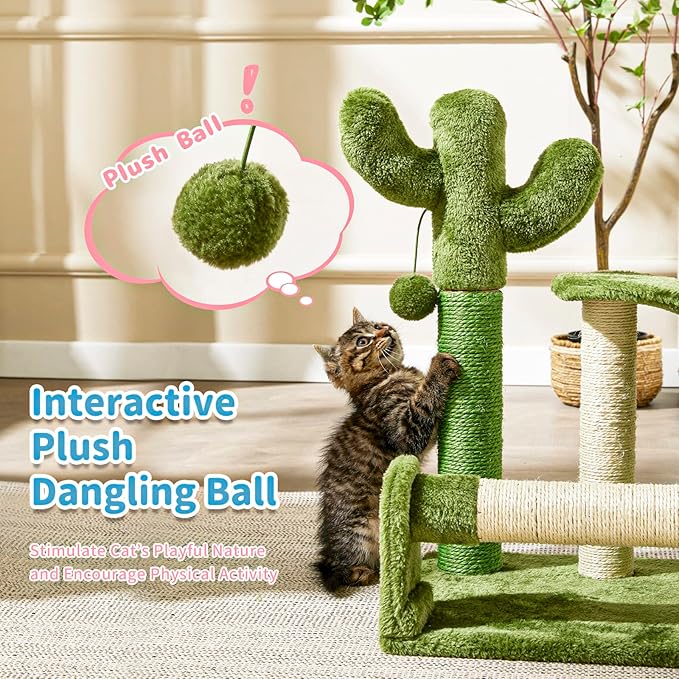 Made4Pets Cat Scratching Post, Cactus Scratcher Tree for Indoor Small Cats, Adult Kitten Scratch Pad with Natural Sisal Ropes, Cute Kitty Nail File Vertical Scratcher with Green Carpet Cover - PAWPICO