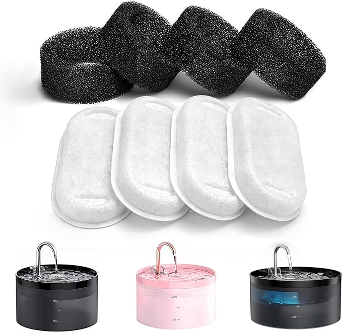 Cat Water Fountain Filters: 8 Pet Fountain Filter Replacement - 4 Pieces Filters + 4 Pieces Sponges for Cat Fountains - Cat Water Filter - Cat Filters for Pet Water Fountain H1 (67oz/2L) - PAWPICO