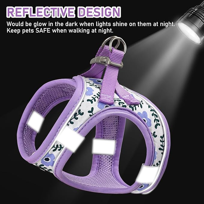 GAMUDA Small Dog Harness Collar and Leash Set, Step in No Chock No Pull Soft Mesh Adjustable Dog Vest Harnesses Plaid Reflective for Dogs Puppy Cats Kitten Rabbit (Purple Flower, XXS) GAMUDACollarsCollection