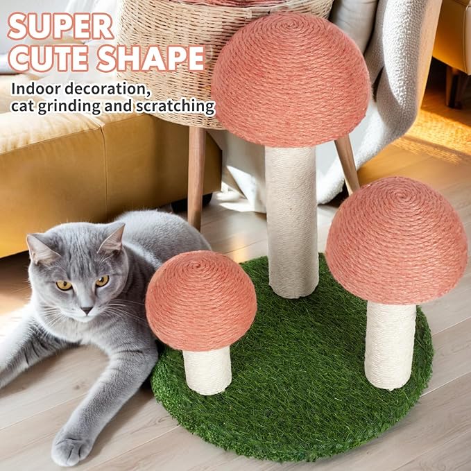 PowerKing Cat Scratching Post, Mushroom Claw Scratching Post for Cat, Natural Sisal Cat Scratchers with 3 Mushroom Pole, Cat Interactive Toys - PAWPICO