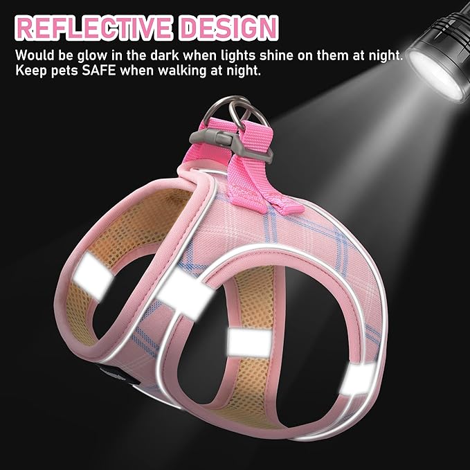 GAMUDA Small Dog Harness Collar and Leash Set, Step in No Chock No Pull Soft Mesh Adjustable Dog Vest Harnesses Plaid Reflective for Dogs Puppy Cats Kitten Rabbit (Pink, XS) GAMUDACollarsCollection