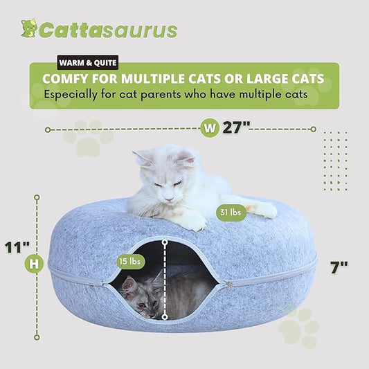 CATTASAURUS Peekaboo Cat Cave for Multiple & Large Cats Up to 30-45 Lbs, Scratch Detachable & Washable Tunnel Bed, Comfy Donut Cat Cave (Light Gray, Jumbo) - PAWPICO