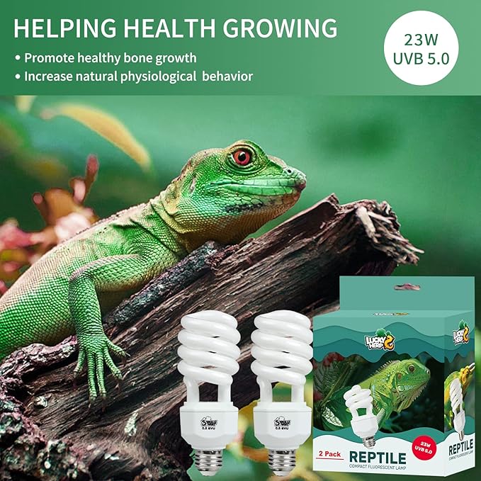 LUCKY HERP 2 Pack UVA UVB Reptile Light, 23W 5.0 UVB Bulb for Tropical and Sub Tropical Reptiles, Compact Fluorescent Terrarium Lamp, Reptile UVB Bulb for Chameleons, Lizard, Turtle LUCKYHERP