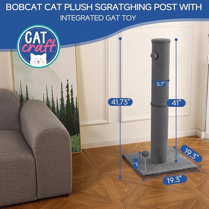 Cat Craft Bobcat Cat Scratching Post for Indoor Cats, Tall Cat Scratch Post, Carpet Cat Scratching Post with Replaceable Toys, Sturdy Base, Large, Gray - PAWPICO