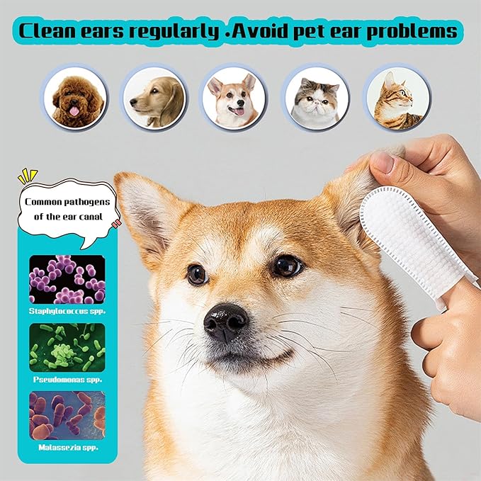 Dog Ear Finger Wipes for Dogs & Cats-Gently Remove Ear Wax,Ear Soothing and Cleaning,Natural ingredients-55 Count QWloog+Magzipo