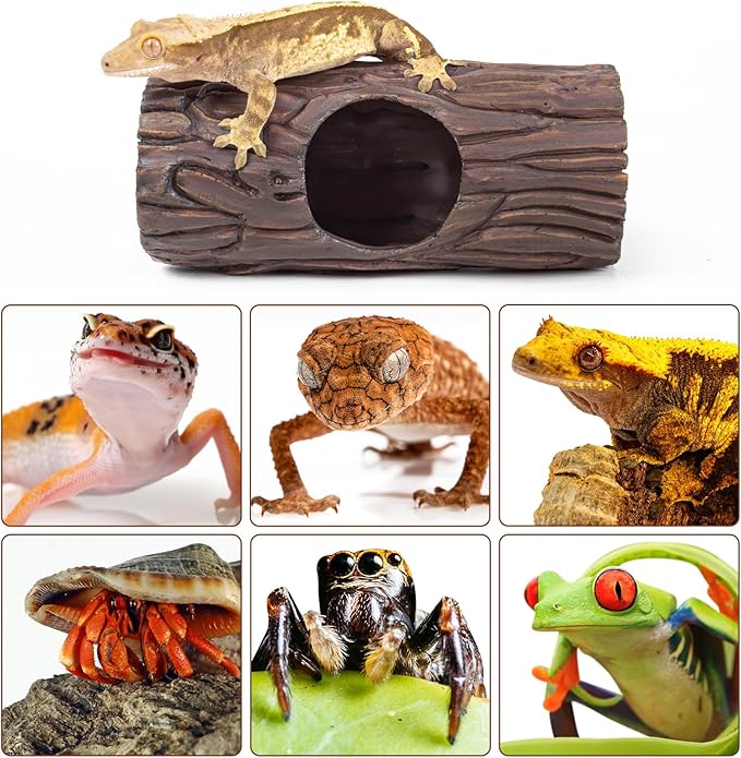 Reptile Hide, Resin Hollow Log Hideout with 2pcs Powerful Suction Cup, Reptile Tank Accessories Climbing Toys Terrarium Hideaway Caves Decor for Gecko, Lizard, Snakes, Hermit Crabs, Forgs CAVACHEWReptileSupplies