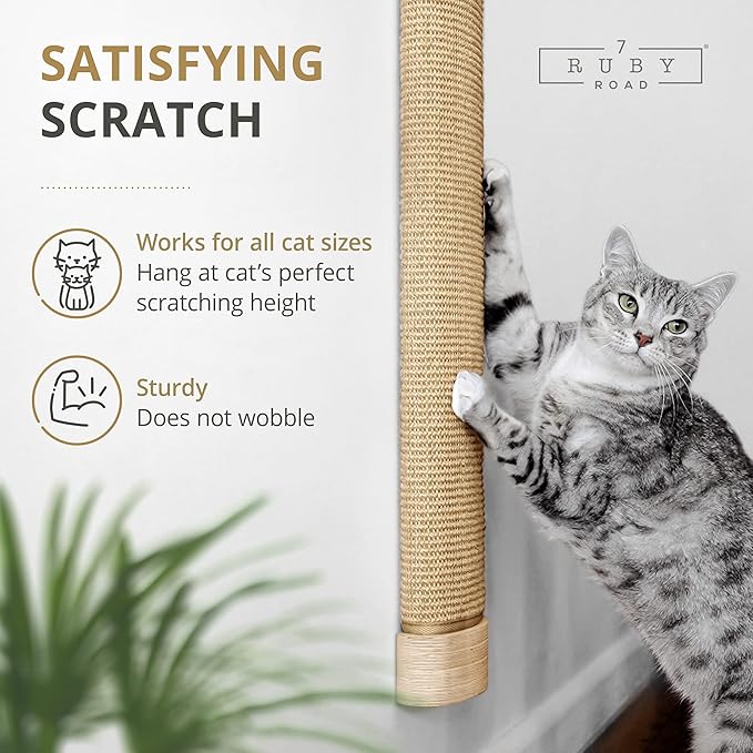 7 Ruby Road Wall Mounted Cat Scratching Post - Wall Mount Wooden Sisal Cat Scratcher & Vertical Scratch Pad (Replaceable) - Modern Cat Wall Furniture for Indoor Cats or Kittens (29.5 x 6 in) - PAWPICO