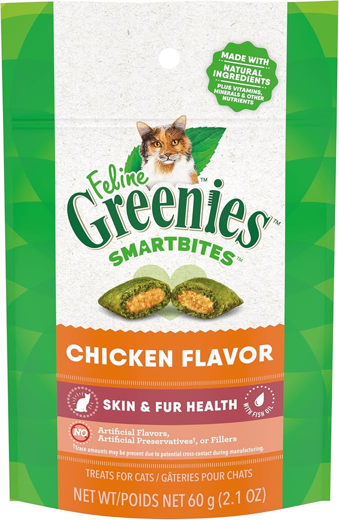 FELINE GREENIES SMARTBITES Skin & Fur Crunchy and Soft Natural Cat Treats, Chicken Flavor, 2.1 oz. Pack GREENIES
