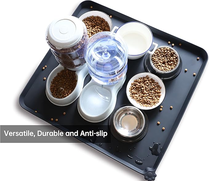 Hoki Found XX-Large Silicone Pet Food Mats Tray - Dog Pet Cat Feeding Mat -Non Slip Pet Dog Cat Bowl Mats Placemat - - Waterproof Dog Cat Food Mats -Pet Water Mats for Carpet -Black-1 - PAWPICO