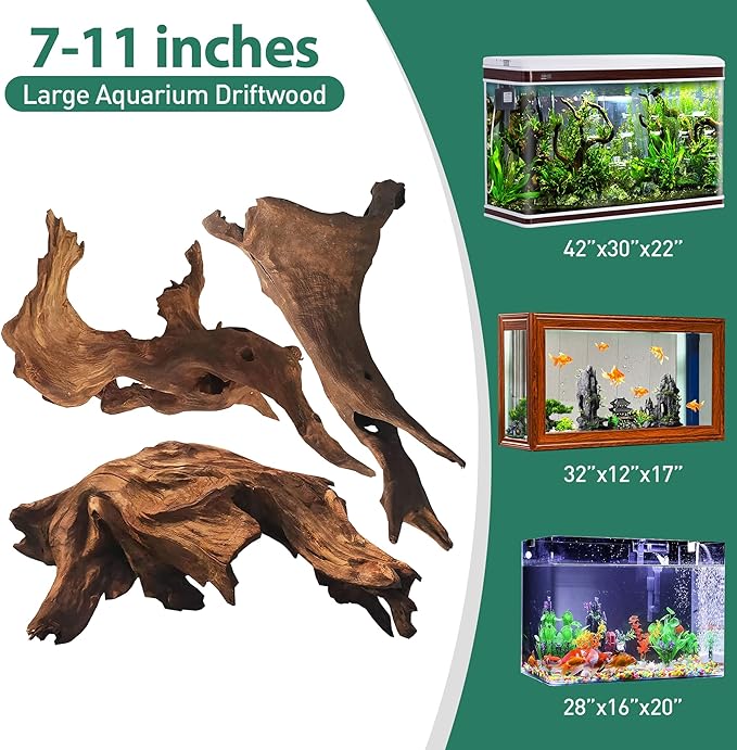 WDEFUN Natural Driftwood for Aquarium Decor, 3-Piece 7''-11'' Large Driftwood for Decorations on Fish Tank, Reptiles Bearded Dragon Accessories or Air Plants WDEFUN