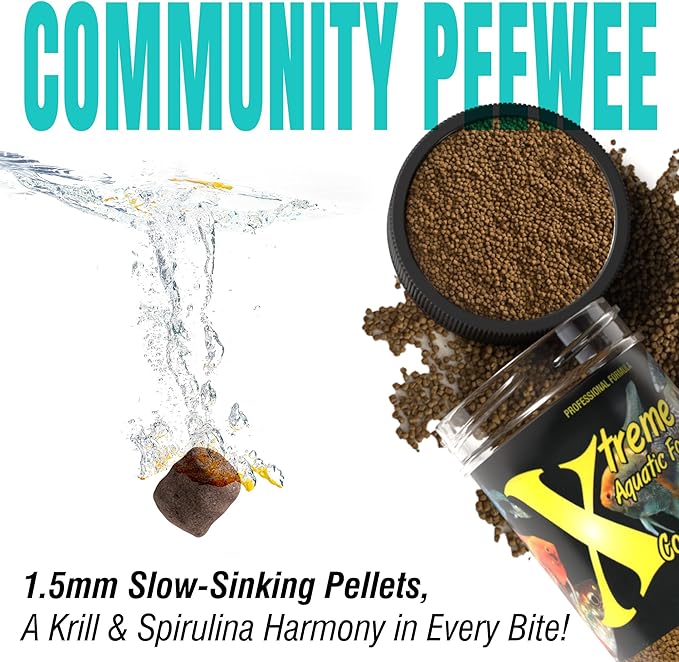 Xtreme Community Peewee 1.5mm Pellets: Slow Sinking & Ideal for Community Fish - Boosts Immune & Digestive Health, Enhances Color & Energy, Max Protein Fish Food – USA Farm Grown (5oz) XtremeAquaticFoods