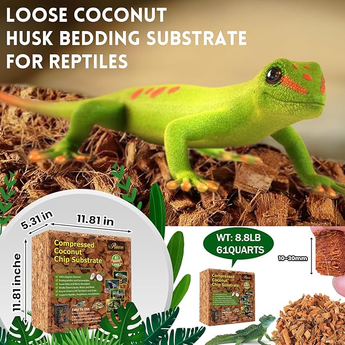 Riare 8.8LB Coconut Chip Substrate for Reptiles, 60 Quart Coconut Fiber Substrate Coco Chips Substrate Coconut Husk Bedding for Snakes, Tortoises, Ball Python, Bearded Dragon, Geckos, Lizards, Frogs Riare