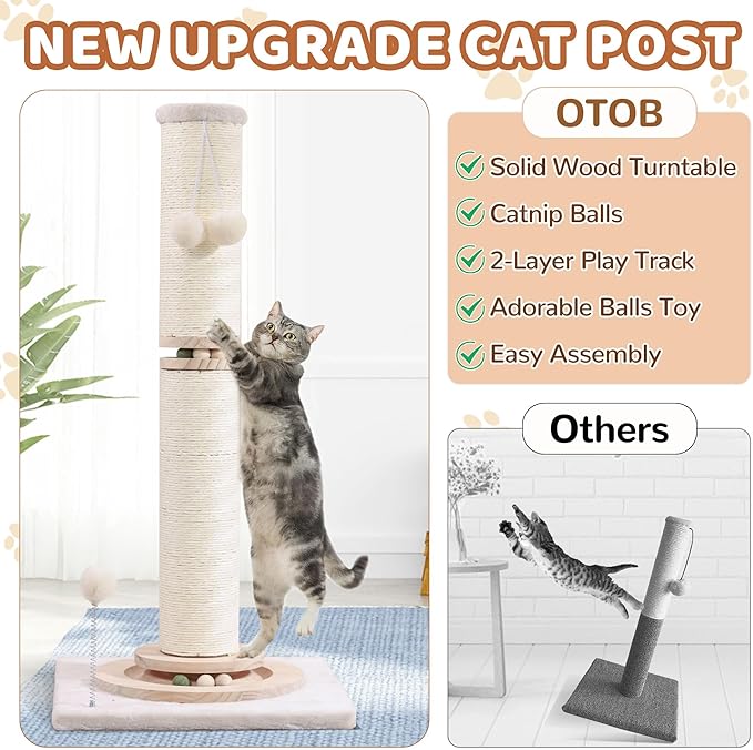 OTOB 33" Tall Cat Scratching Post, 4.3Inch Large Diameter Natural Sisal Rope Scratcher Post, 5-in-1 Interactive Turntable Cat Scratch Post with Soft Hanging Ball Toys for Indoor Large Cats - PAWPICO