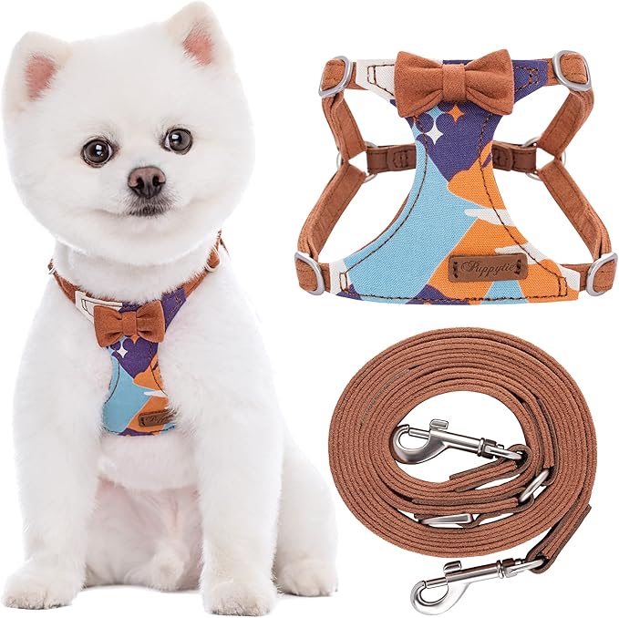 Puppytie No Pull xs Dog Harness with Multifunction Dog Leash,Soft Adjustable No Choke Escape Proof Pet Harness Vest,Suede Bow Brown,XS Puppytie