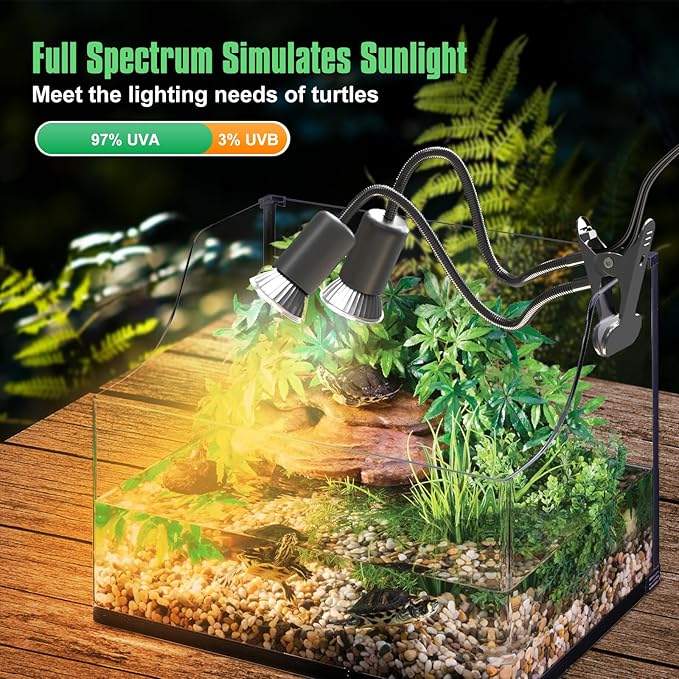 Reptile Heat Lamp, Dual-Head UVA/B Reptile Light with 3/6/12H Cycle Timer, Basking Light for Reptile Turtle Bearded Dragon Lizards Snake, E26/27 Base with 4 Bulbs (2PCS 50W and 2PCS 75W) DTZYServiceforYourLife