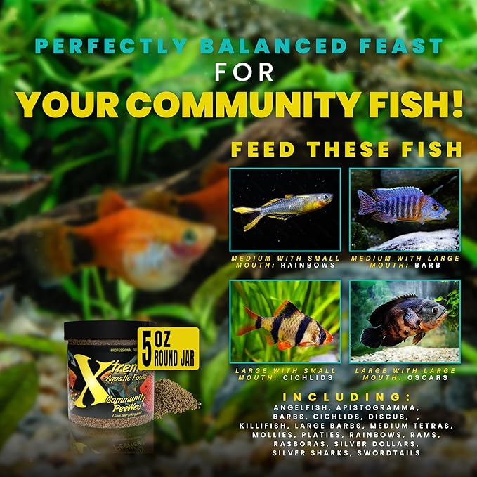 Xtreme Community Peewee 1.5mm Pellets: Slow Sinking & Ideal for Community Fish - Boosts Immune & Digestive Health, Enhances Color & Energy, Max Protein Fish Food – USA Farm Grown (5oz) XtremeAquaticFoods