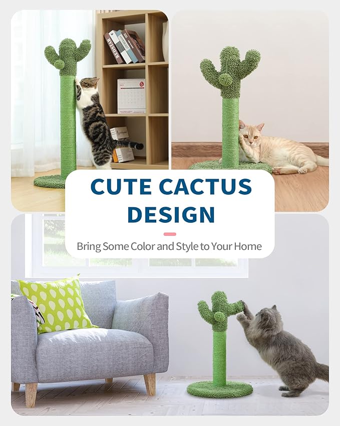 Made4Pets Cat Scratching Post, 25.6" Cactus Cat Scratcher Kitten Scratch Post with Sisal Rope for Indoor Cats Claw Scratcher, Vertical Green Cat Tree with Dangling Ball for Kitties Medium - PAWPICO