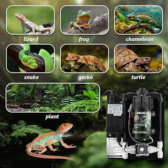 LANUEVA Reptile Humidifier, Quieter Mister Fogger for Terrarium with 4 Single Misting Nozzle + 2 Double Misting Nozzle, Reptile Mister Spray System for Reptile, Chameleon, Lizard, Snake, Frog LANUEVA