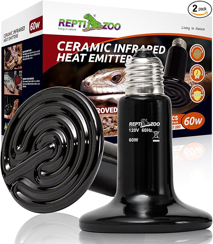 REPTI ZOO 2Pack Ceramic Heat Emitter 60W Reptile Heat Lamp Night Heat Lamp Bulbs Reptile Terrarium Heat lamp Tank Heat Bulb for Turtle Bearded Dragon Gecko Lizard Snake Chicken E26 REPTIZOO
