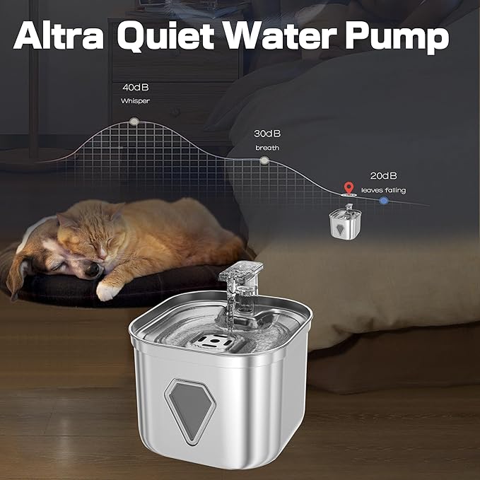 Cat Water Fountain Stainless Steel, Pet Water Fountain for Drinking, 2.2L/73oz Cat Fountain, Automatic Dog Water Dispenser, Water Level Window&3 Filters, Multiple Pet Fountain - PAWPICO