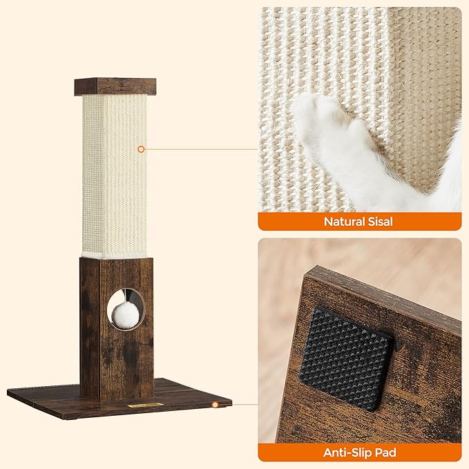 Feandrea Cat Scratching Post, Cat Scratcher for Indoor Cats, 28.7 Inches Tall, Furniture Scratching Deterrent Sisal Scratch Pole with Toy, Rustic Brown UPCA021X01 - PAWPICO