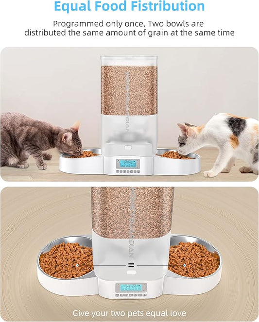HoneyGuaridan Automatic Cat Feeder for Two Cats,5L Cat Food Dispenser with Stainless Steel Bowl,Timed Cat Feeder Programmable 1-6 Meals Control, Dual Power Supply,Desiccant Bag,10s Meal Call White - PAWPICO