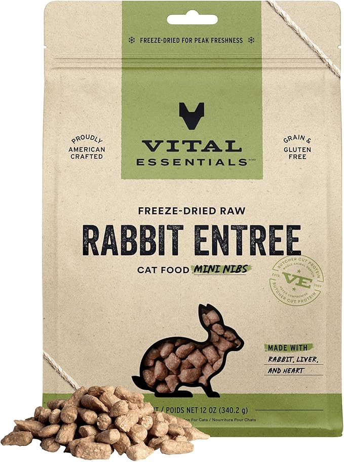 Vital Essentials Freeze Dried Raw Cat Food, Rabbit Mini Nibs Entree, 12 oz VitalEssentials