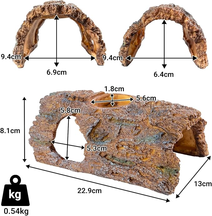 2 in 1 Reptile Hides and Caves with Top Feeder, 9in Resin Hollow Bark Log Hideout, Reptile Basking Platform Hideaway Tank Accessories for Bearded Dragon, Snake, Gecko, Lizard, Tortoise CAVACHEWReptileSupplies