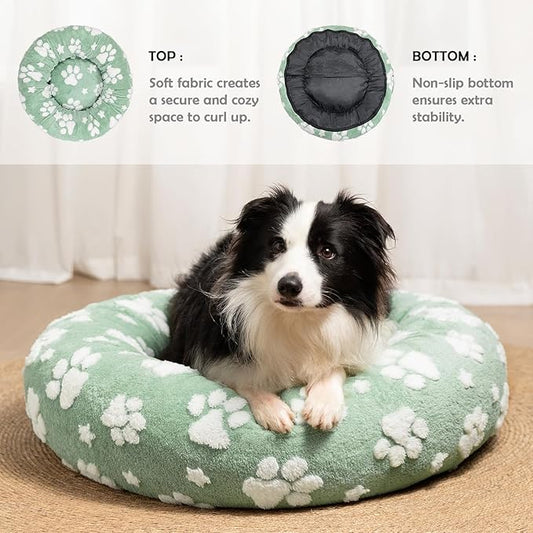 Donut Dog Beds for Medium Dogs, Calming Round Cat Beds for Indoor Cats, Cute 3D Textured Paw Pet Bed with Removable Washable Cover and Anti-Slip Bottom(Green,30") - PAWPICO