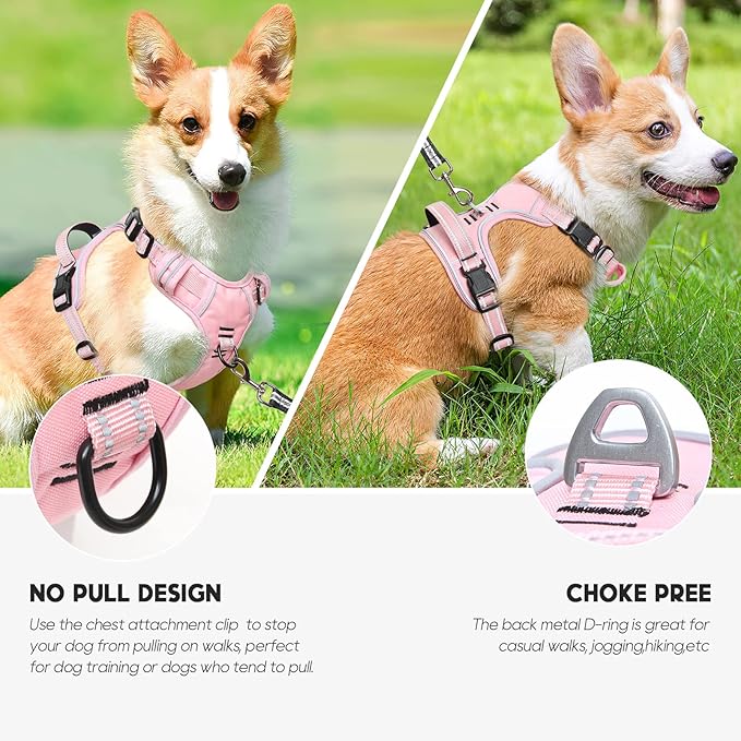 Timos Dog Harness, 3 Snap Buckles No-Pull Soft Padded Dog Vest with 2 Metal Leash Clips, Adjustable Reflective No Choke Pet Harness with Easy Control Handle for Small Dogs,Pale Pink,S Timos