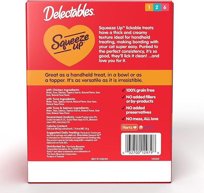 Delectables Squeeze Up Variety Pack, Creamy Squeezable Puree, Lickable Wet Cat Treats, Grain Free, No Added Fillers, No by-Products, No Added Preservatives, 0.5 Ounces Tube, 72 Tubes Total Hartz