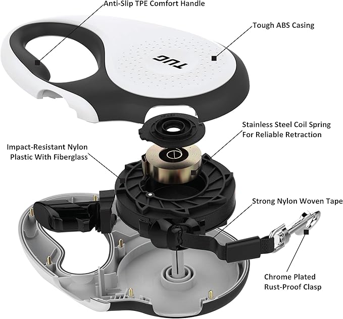 TUG 360° Tangle-Free Retractable Dog Leash | 16 ft Strong Nylon Tape | One-Handed Brake, Pause, Lock (Medium, White) TUG