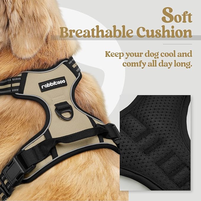 rabbitgoo Dog Harness No Pull with 2 Leash Clips, Adjustable Soft Padded, Reflective Oxford No Choke Pet Vest with Easy Control Handle for Large Dogs, Beige, L rabbitgoo