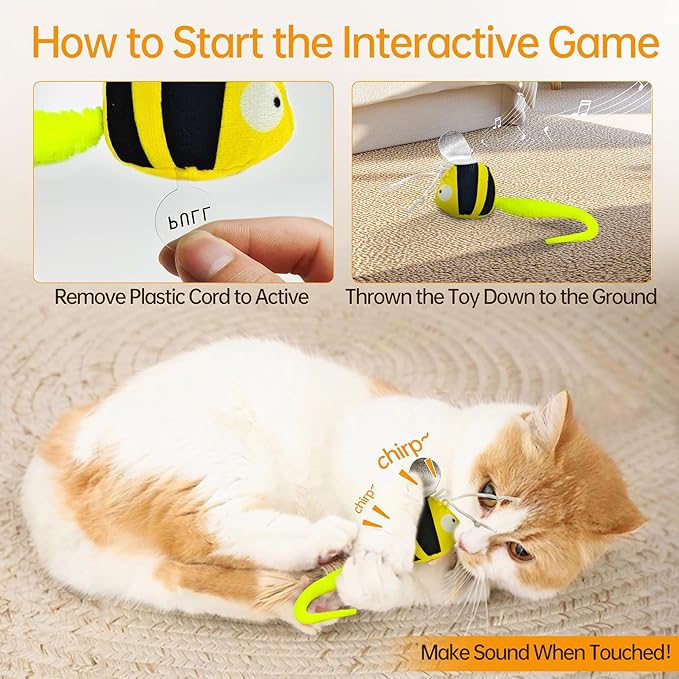 Chirping Cat Toys Hanging Cat Feather Toy - Catnip Interactive Cat Toys for Indoor Cats - Automatic Cat Toy for Cat Exercise & Kicker to Self Play (Bee) - PAWPICO