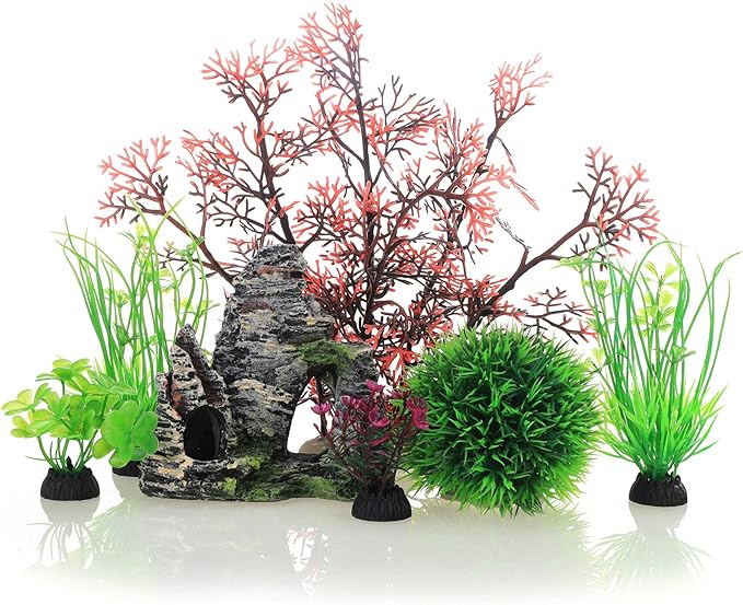 JIH Aquarium Fish Tank Plastic Plants and Cave Rock Decorations Decor Set 7 Pieces, Small and Large Artificial Fish Tank Plants with Cave Rock (CU89Red-7) JIH