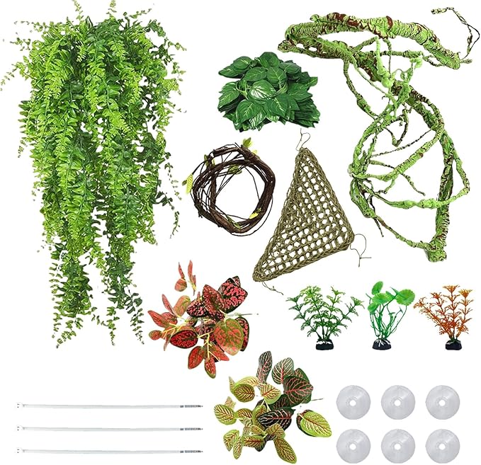 kathson 10 PCS Reptile Vines Plants Flexible Bendable Jungle Climbing Vine Terrarium Plastic Plant Leaves Pet Tank Habitat Decor for Bearded Dragons Lizards Geckos Snakes Frogs and More Reptiles kathson
