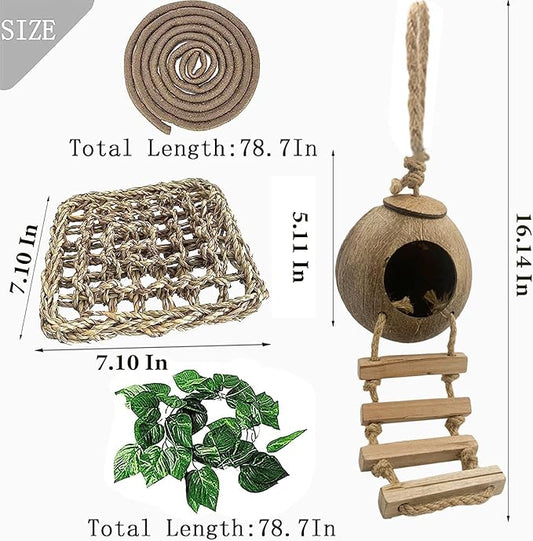 Grested Gecko Coconut Hut with Ladder,Leopard Gecko Coconut Hide Lizards Hanging Coco Den Cave Reptile Hammock Reptiles Tank Accessories Climbing Hanging Plants Jungle Vine Flexible Leaves Decor MUYG