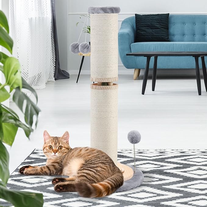 OTOB 32" Tall Cat Scratching Post, 4.3Inch Large Diameter Natural Sisal Rope Scratcher Post for Indoor Large Cats Kittens, 5-in-1 Interactive Turntable Cat Scratch Post (Gray, B-33Inch) - PAWPICO