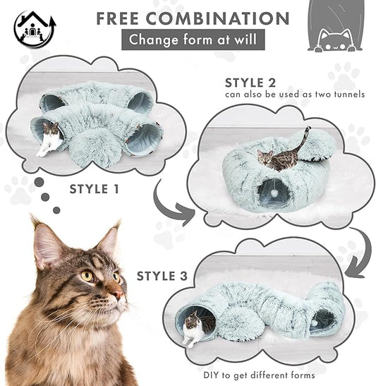 Large Cat Tunnel Bed for Indoor Cats Warm Fluffy Plush Cat Cave Tunnel Bed Collapsible, Washable, 3 Way and Multifunctional with Dangling Balls for Cats, Kittens and Rabbits- Gray - PAWPICO