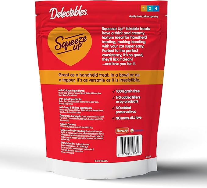 Hartz Delectables Squeeze Up Interactive Lickable Wet Cat Treats for Adult & Senior Cats, Tuna & Shrimp, 24 Count, 12 ounces Hartz
