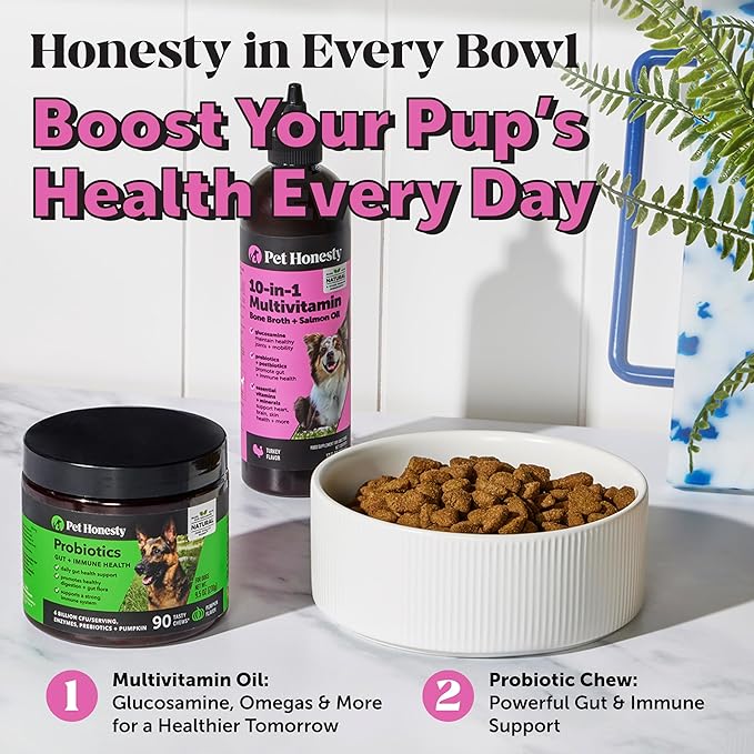 Pet Honesty Dog Multivitamin Supplement with Salmon Oil for Dogs - Allergy Itch Relief, Digestion, Skin & Coat Health, Liquid Supplement - Dog Food Topper Bone Broth with Prebiotics (12 oz) PetHonesty