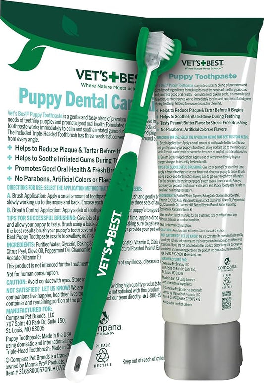 Vet’s Best Puppy Dental Kit – Toothbrush & Toothpaste for Puppies – Helps Soothe Irritated Gums During Teething, Freshens Breath, Prevent Plaque & Tartar - Natural Peanut Butter Flavor VetsBest