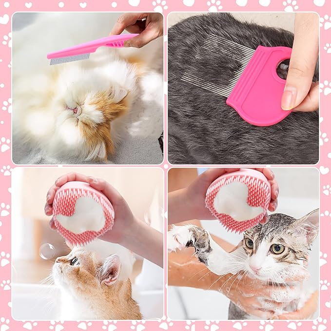 VCZONE 8 Pcs Cat Brush Grooming Kits, Pet Self Cleaning Kit with Pet Nail Clipper and File, Flea Comb, Pet Shampoo Bath Brush, Pet Shedding Brush, Silicone Toothbrush (Pink) - PAWPICO