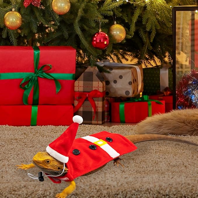 Christmas Bearded Dragon Costume, Cute Red Santa Claus Cosplay Lizard Clothes and Hat Set Outfit, Holiday Pet Costume Accessories for Reptile Small Animals tukoaw