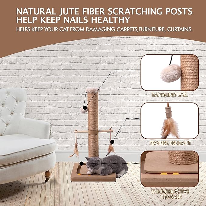 Generic MECOOL Cat Scratching Post Tall Kitten Posts Tree Premium Scratcher Natural Jute Ropes Tracking Interactive Heavy Base Cat Scratch deterrent Indoor Cats (Beige) (Medium-23), 23 Inch (Pack 1) - PAWPICO