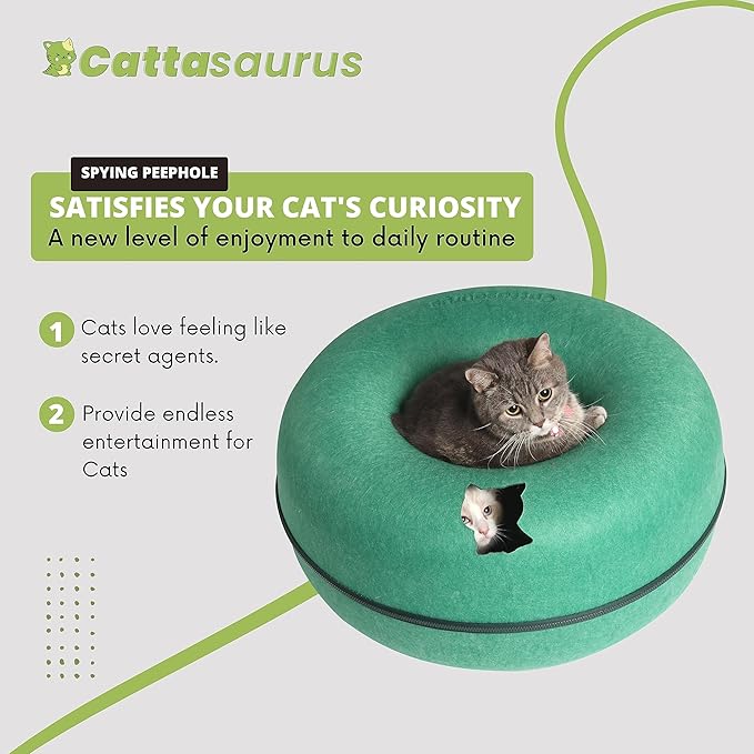 CATTASAURUS Peekaboo Cat Cave for Multiple & Large Cats Up to 30-45 Lbs, Scratch Detachable & Washable Tunnel Bed, Comfy Donut Cat Cave (Forest Green, Large) - PAWPICO