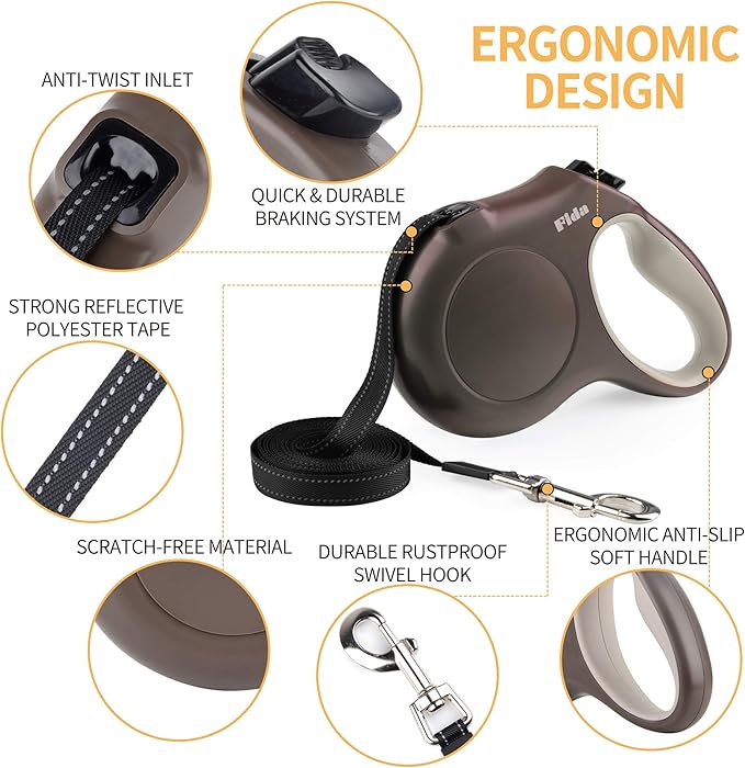 Fida Retractable Dog Leash, 16ft Heavy Duty Pet Walking Leash for X-Small/Small/Medium/Large Dog or Cat up to 110 lbs, Tangle Free. One-Hand Brake (Large, Coffee) - PAWPICO